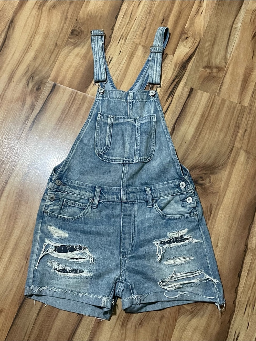 AE Raw Hem Distressed Denim Shortalls Bandana Patchwork Size XS